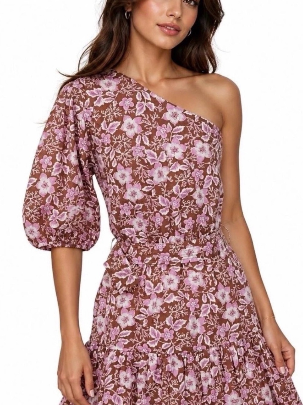 Jason Wu Floral One Shoulder Belted Mini Dress Pink Brown